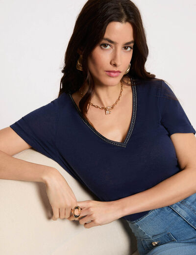 Camiseta con cuello en v con perlas azul marino mujer