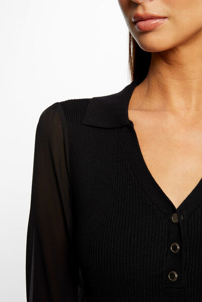 Jersey manga larga semi-transparente negro mujer