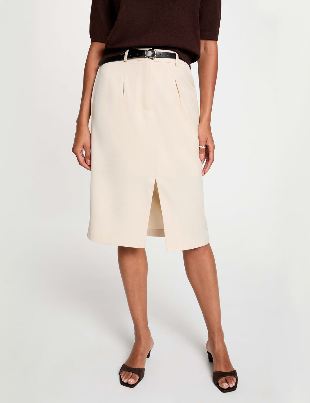 Falda l&aacute;piz de cintura alta beige mujer