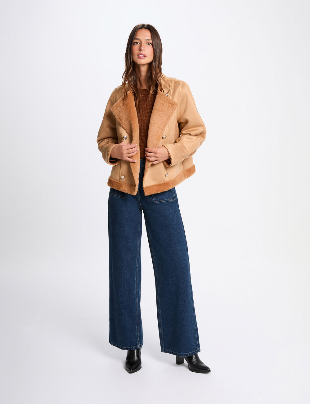 Chaqueta corta de piel con lana marr&oacute;n co&ntilde;ac mujer
