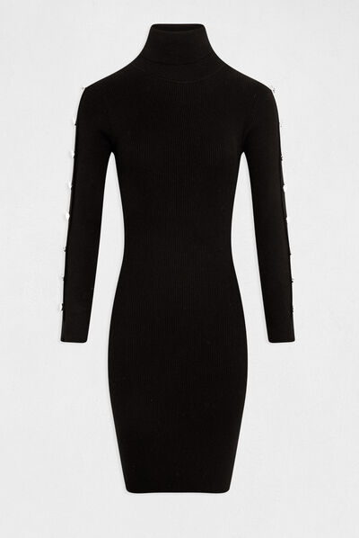 Vestido punto ajustado cuello de tortuga negro mujer