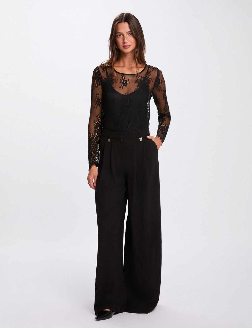 Camiseta de encaje manga larga negro mujer