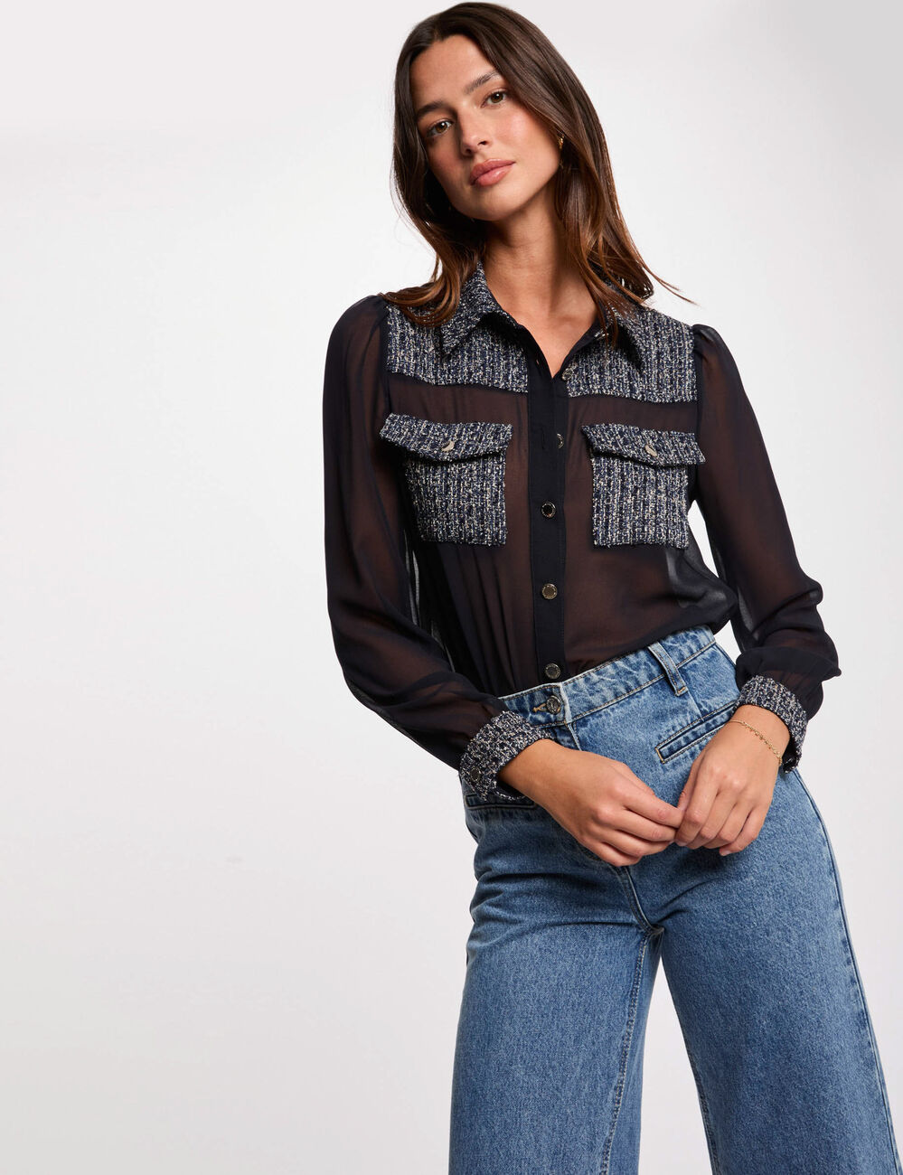 Camisa manga larga azul marino mujer