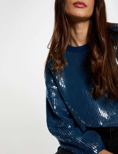 Jersey de lentejuelas cuello redondo azul petr&oacute;leo mujer