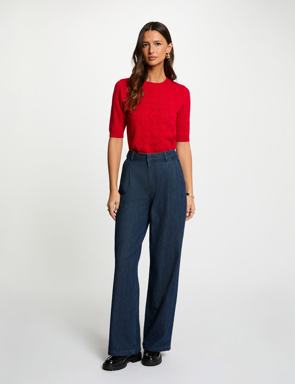 Jersey calado mangas 3/4 rojo mujer