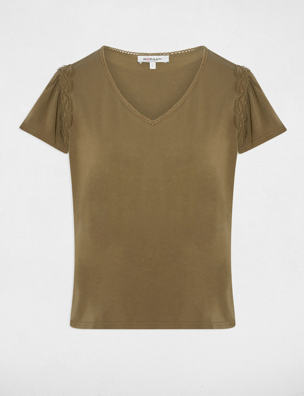 Camiseta con cuello en v y volantes verde caqui mujer