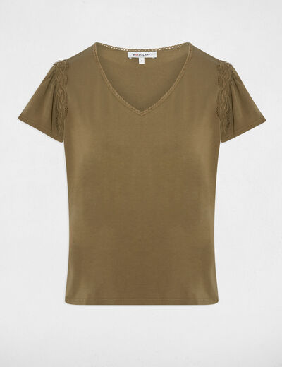 Camiseta con cuello en v y volantes verde caqui mujer