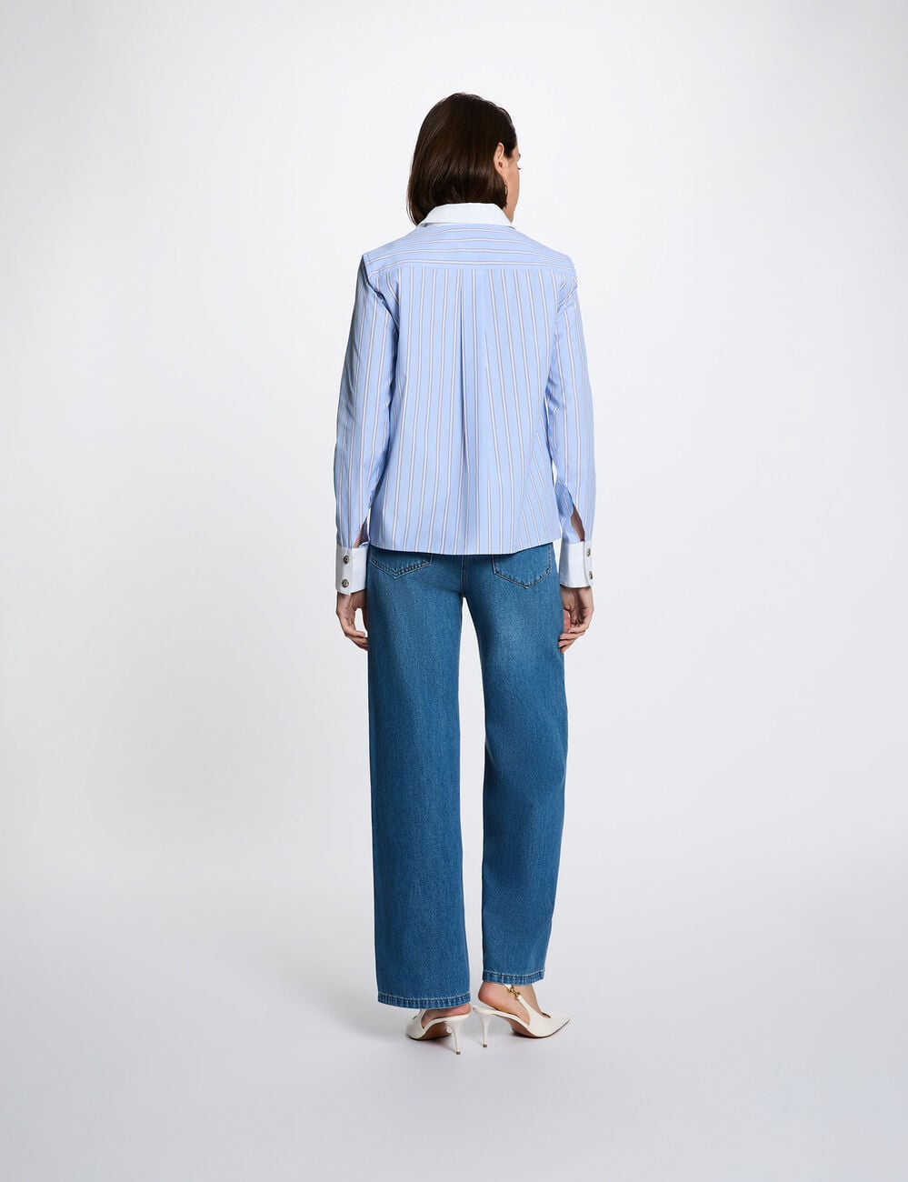 Camisa de rayas con cuello contrastado azul cielo mujer