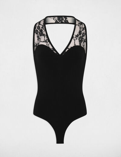 Body de encaje con cuello en v negro mujer