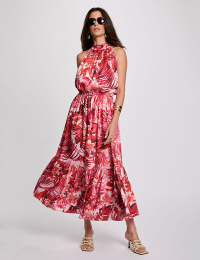 Vestido satinado de cuello alto multicolor mujer