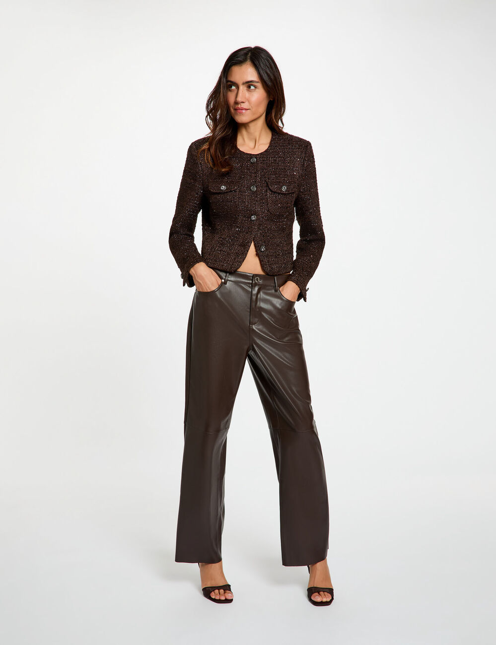 Pantal&oacute;n bootcut de cuero sint&eacute;tico marr&oacute;n oscuro mujer
