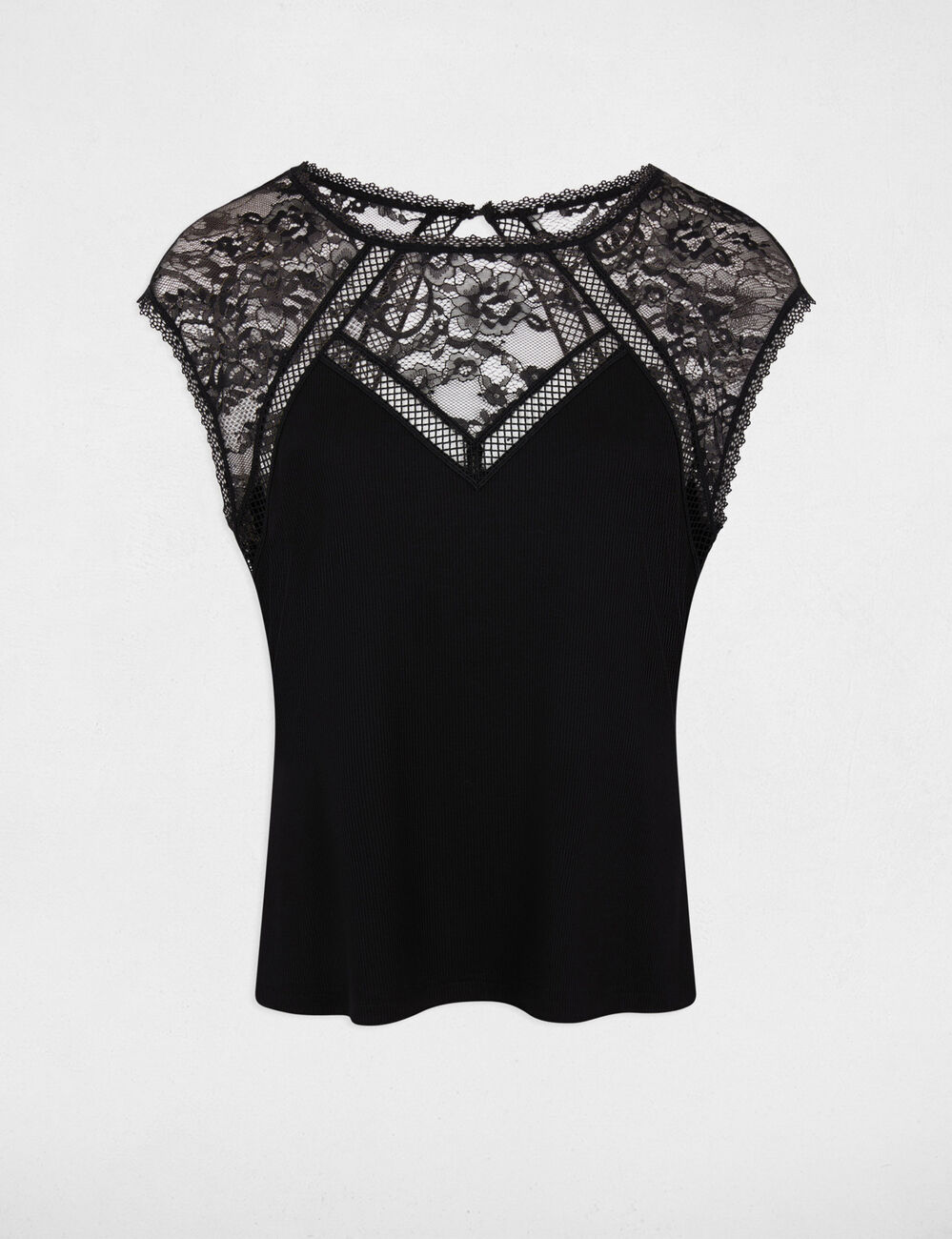 Camiseta de encaje con cuello redondo negro mujer