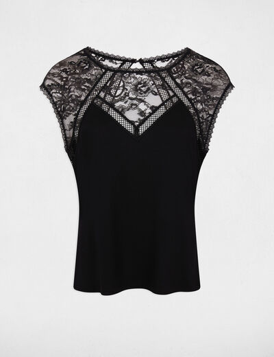 Camiseta de encaje con cuello redondo negro mujer