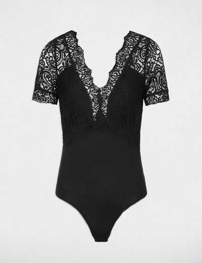 Body manga corta con encaje negro mujer