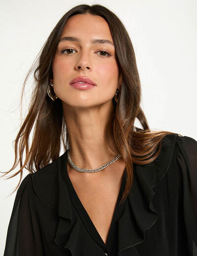 Camiseta de gasa con cuello en v negro mujer