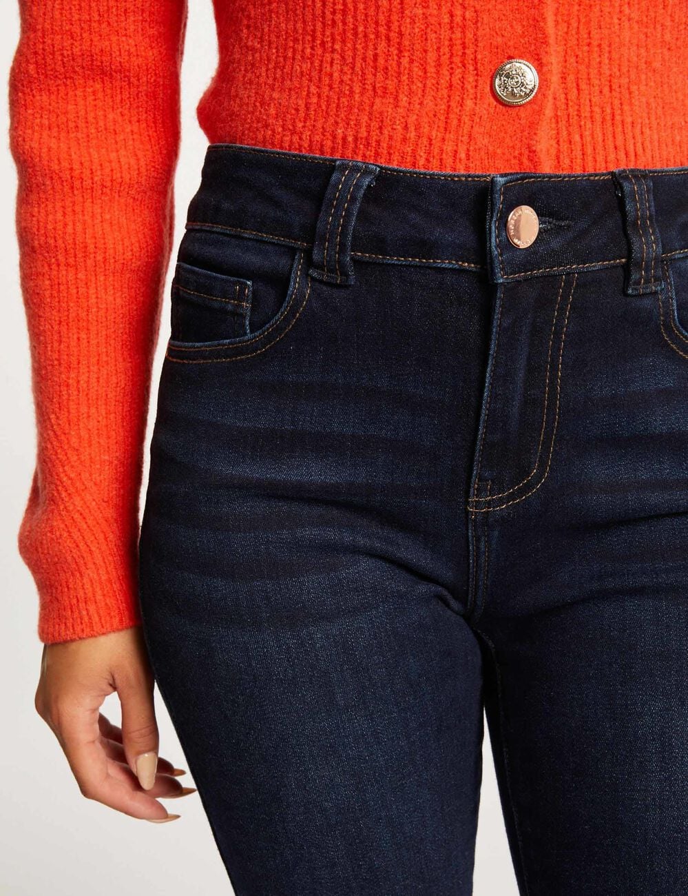 Vaquero slim talle alto denim crudo mujer