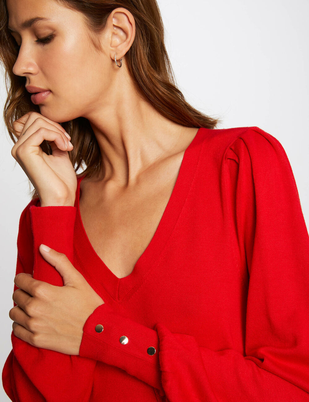 Jersey manga larga con escote en V rojo mujer