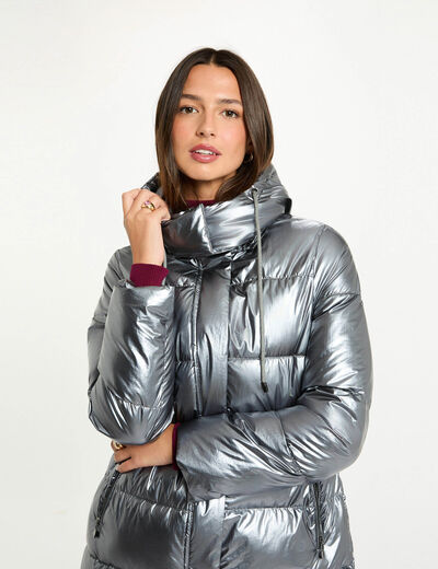 Abrigo acolchado largo brillante couleur argent mujer
