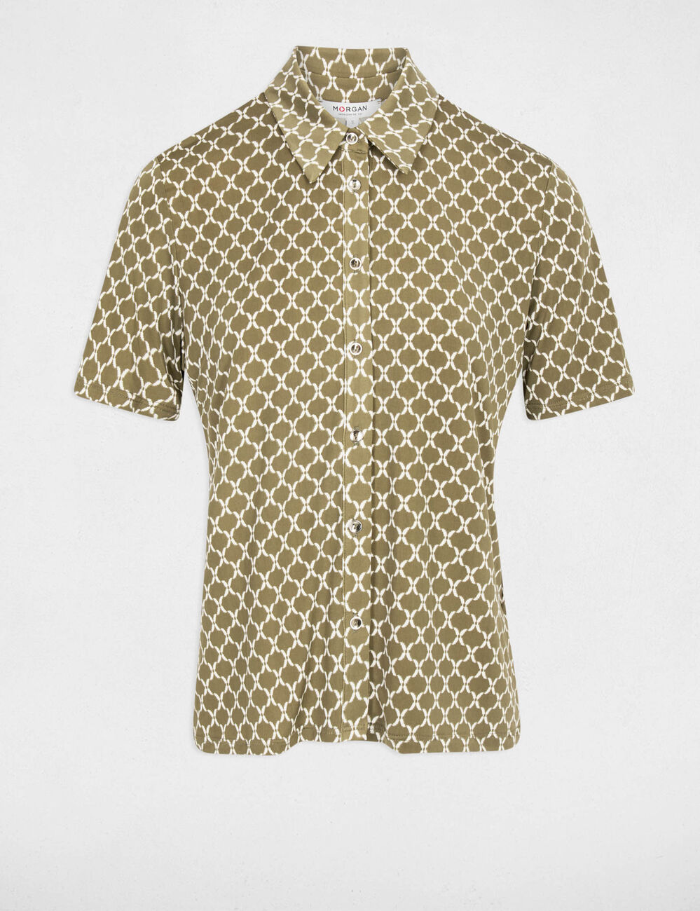 Camisa estampada con cuello abierto verde caqui mujer