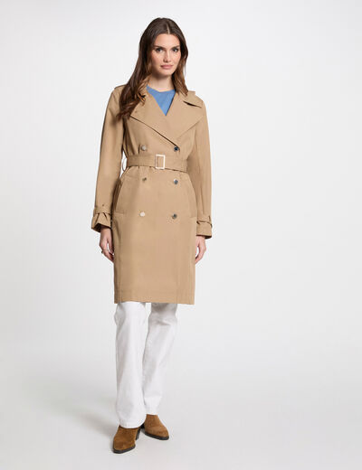 Gabardina larga con cinturón beige mujer
