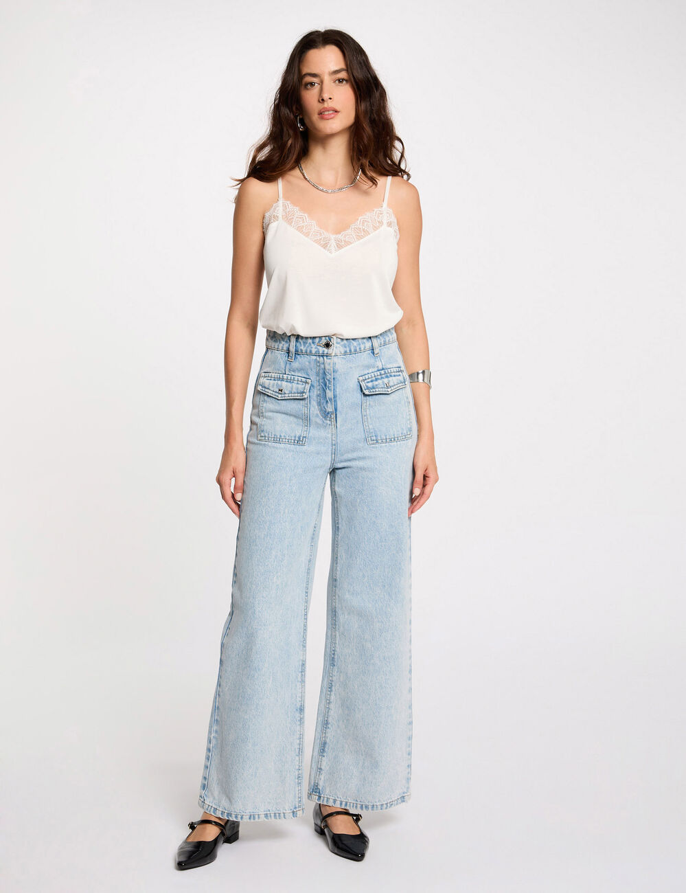 Top de encaje con cuello en v marfil mujer