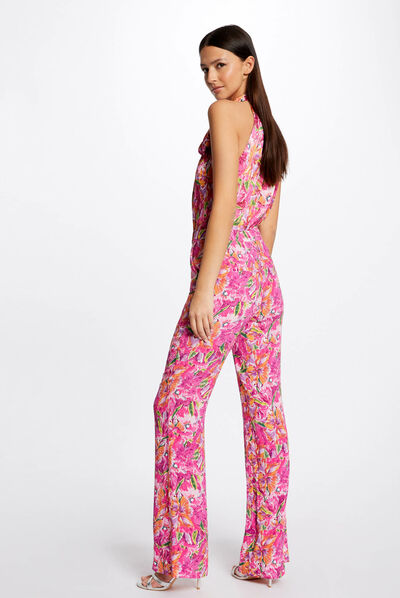 Pantalón flare holgado estampado floral multicolor mujer
