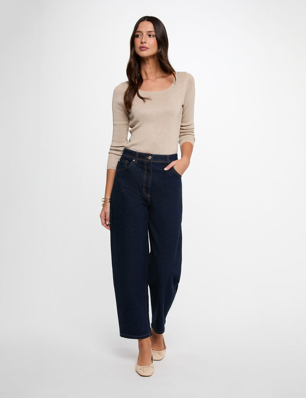 Jersey ajustado con cuello en U crudo mujer