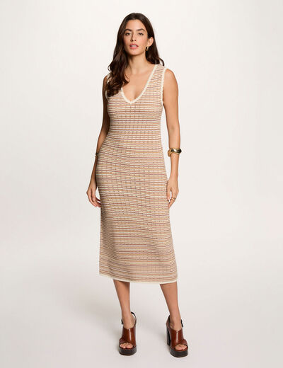 Vestido de punto con cuello en v beige mujer