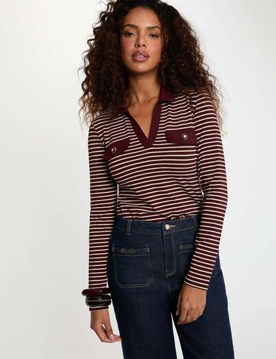 Polo manga larga y rayas burdeos mujer