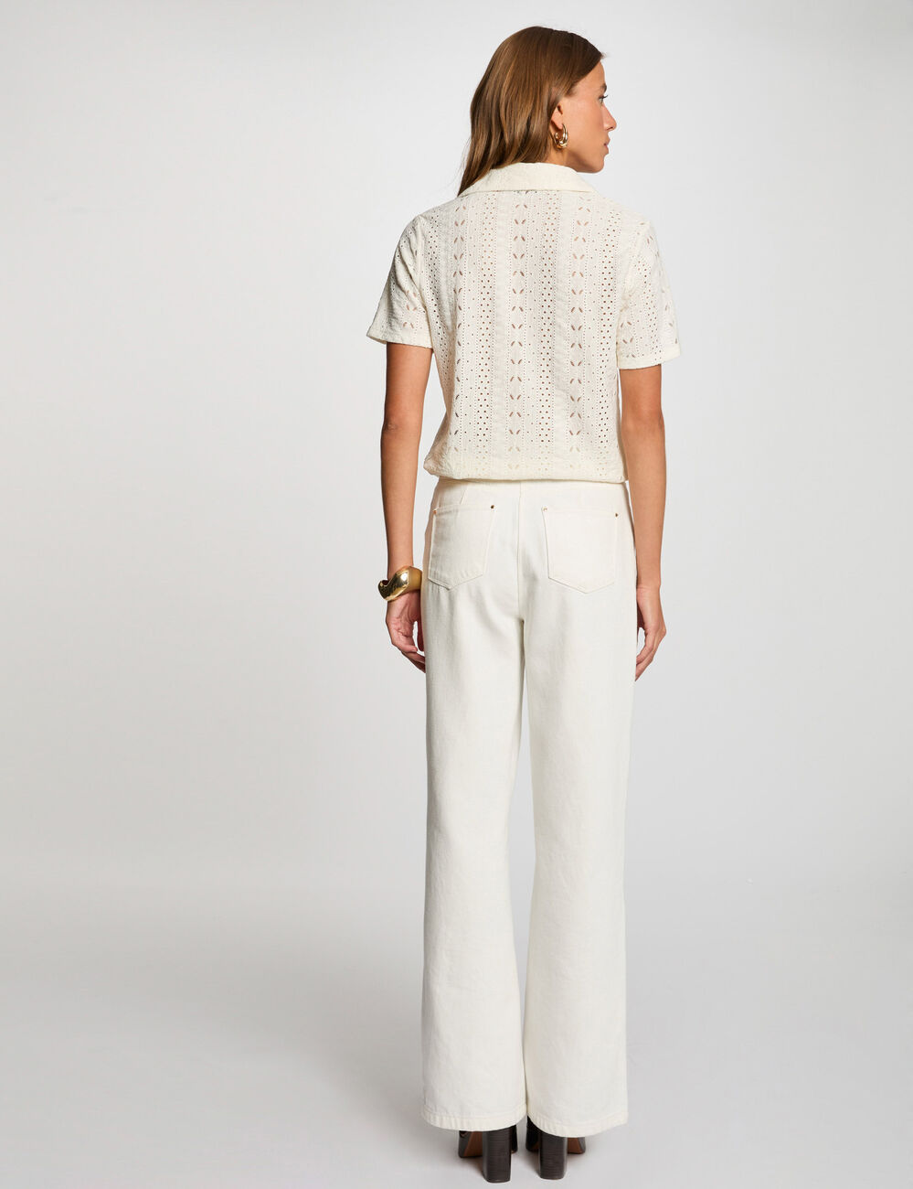 Camisa manga corta marfil mujer