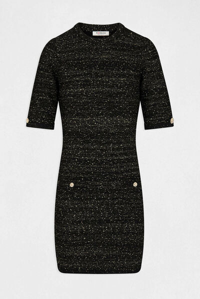 Vestido de punto ajustado manga corta negro mujer