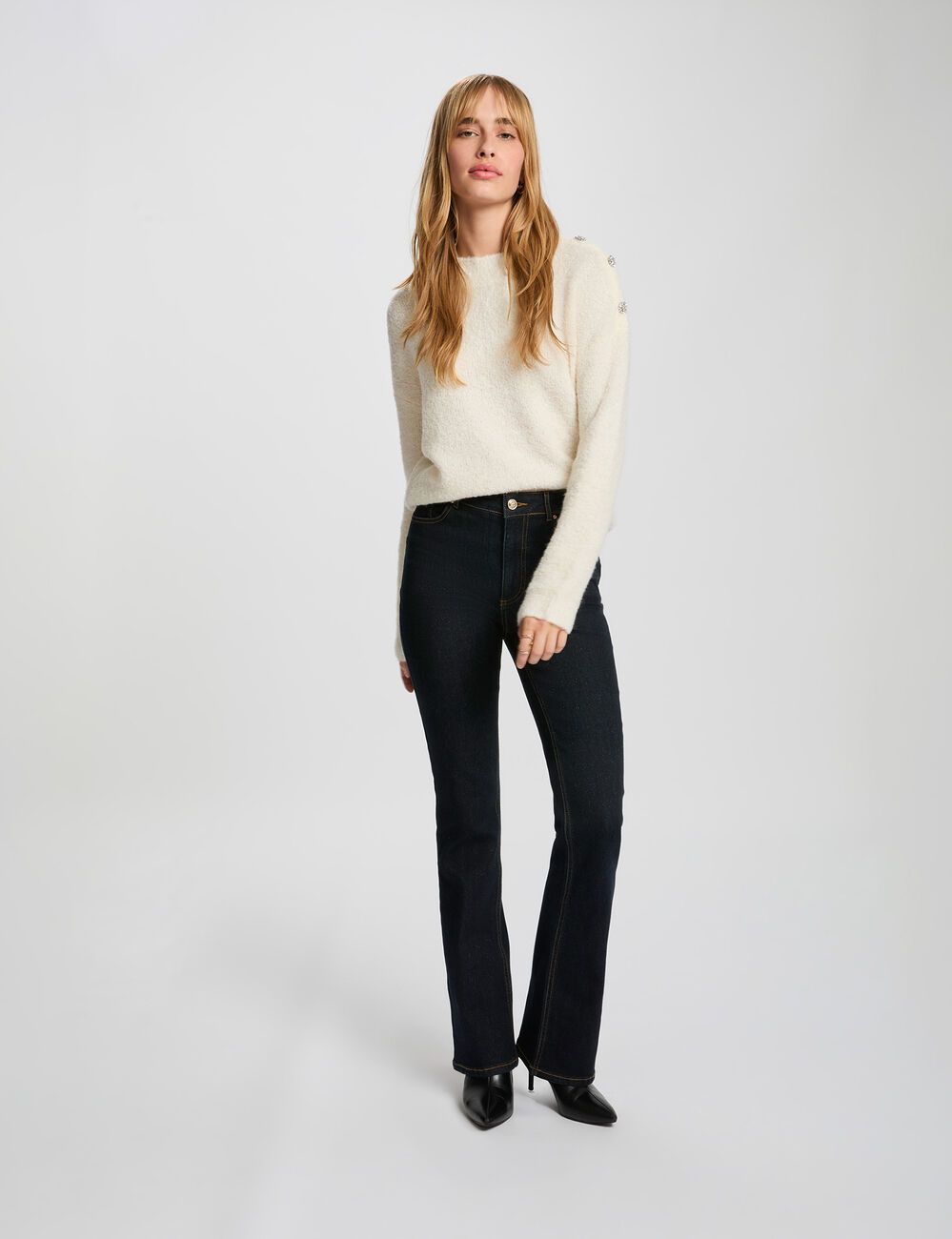 Vaqueros bootcut de tiro alto denim crudo mujer