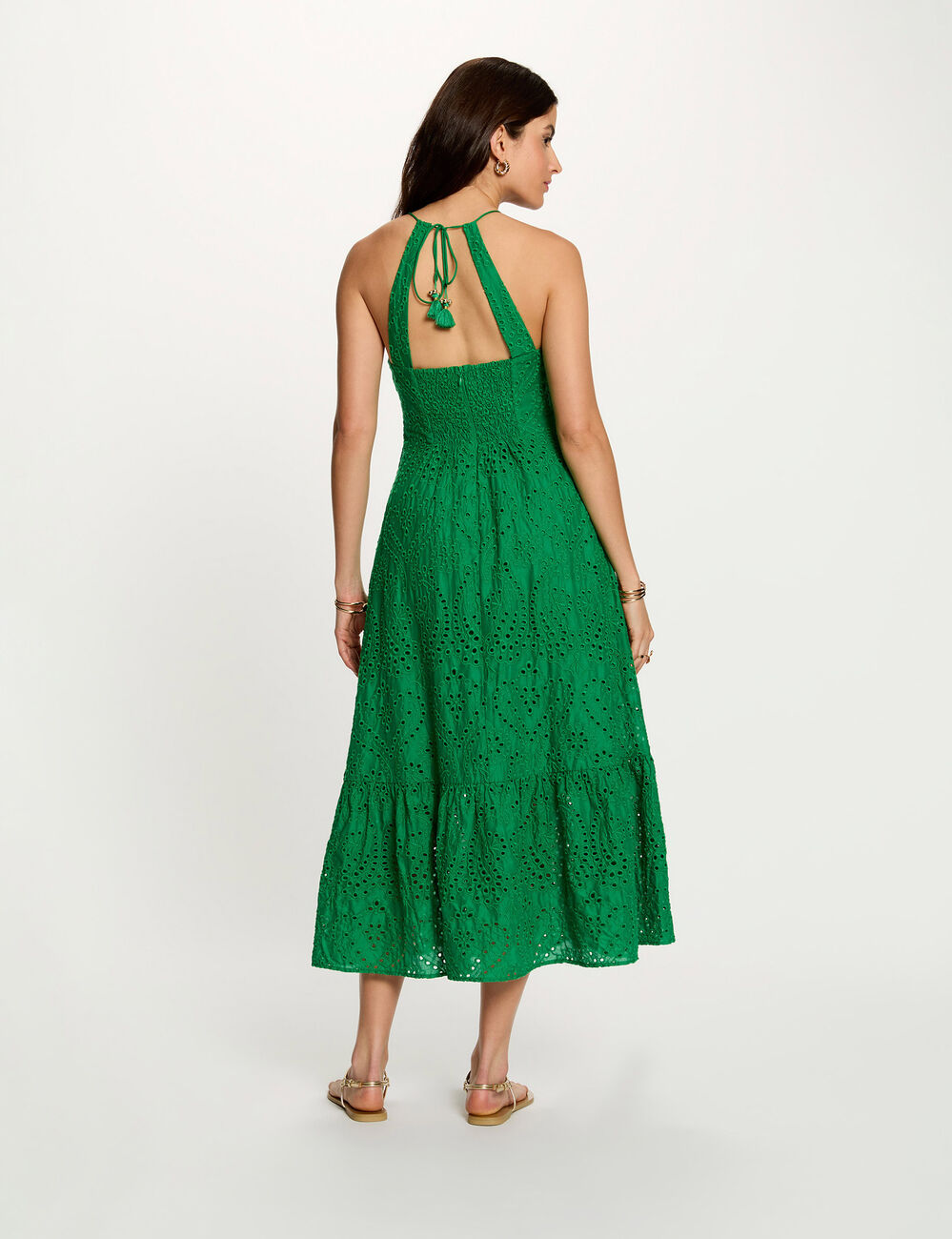 Vestido largo con bordado ingl&eacute;s verde pradera mujer