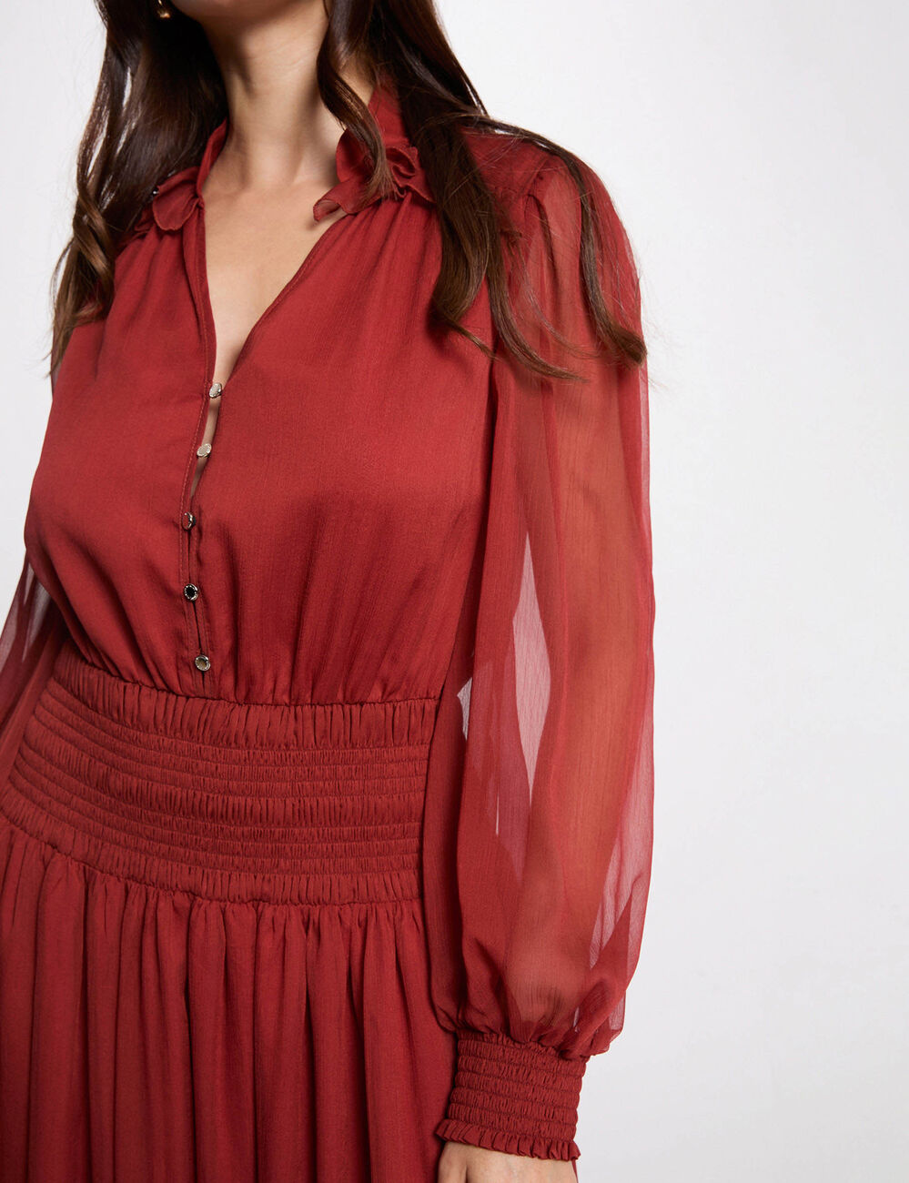 Vestido largo con cuello en v naranja oscuro mujer