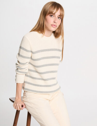 Jersey cuello redondo y rayas marfil mujer