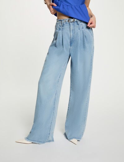 Jean ancho de tiro alto denim descolorido mujer