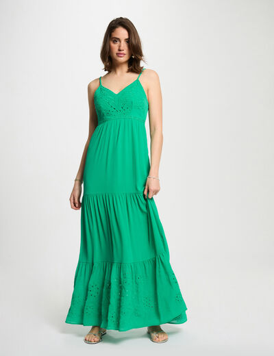 Vestido largo holgado bordado verde emeralda mujer