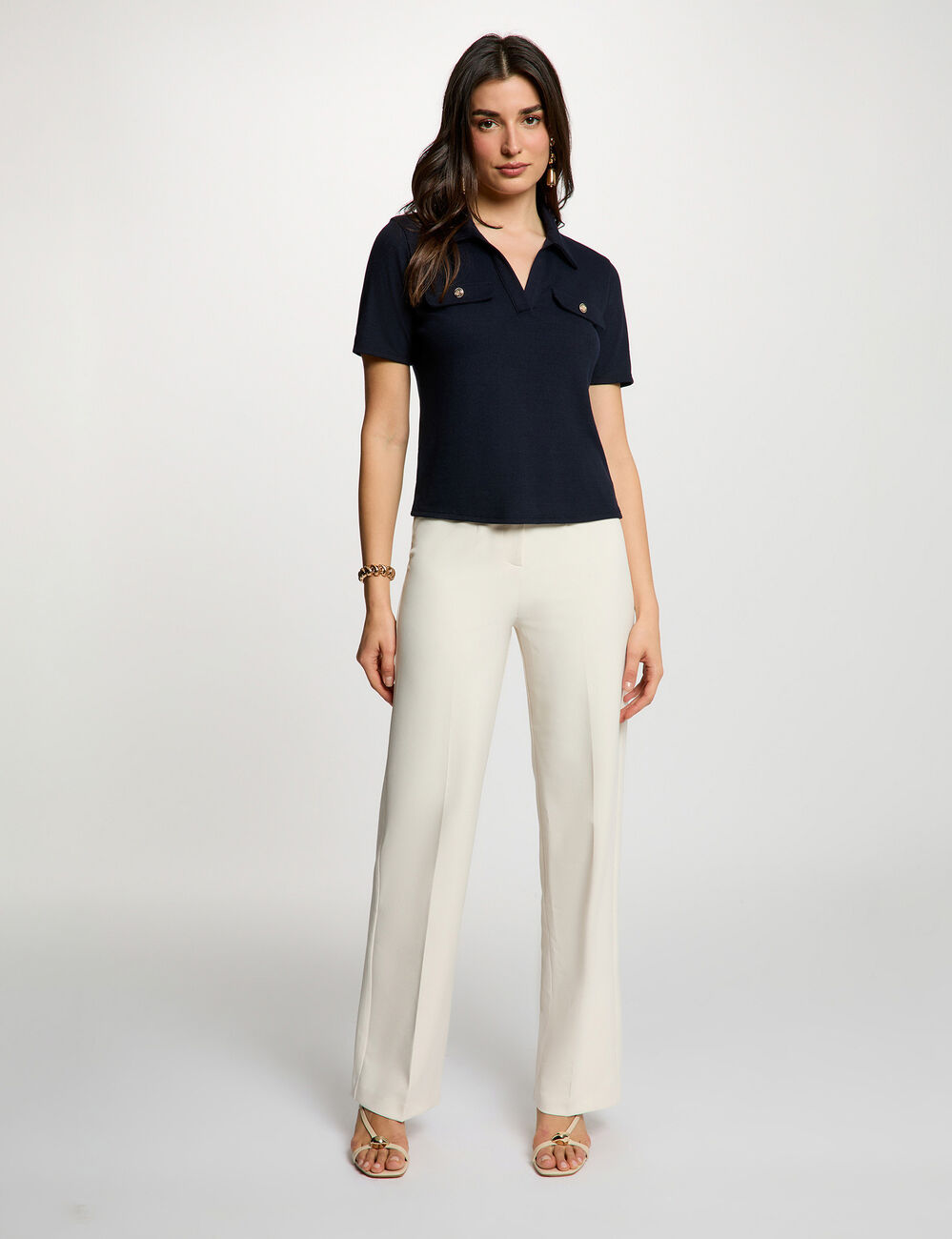 Pantal&oacute;n recto con pinzas creme mujer