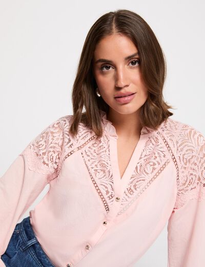 Camiseta de encaje con cuello en v rosa claro mujer