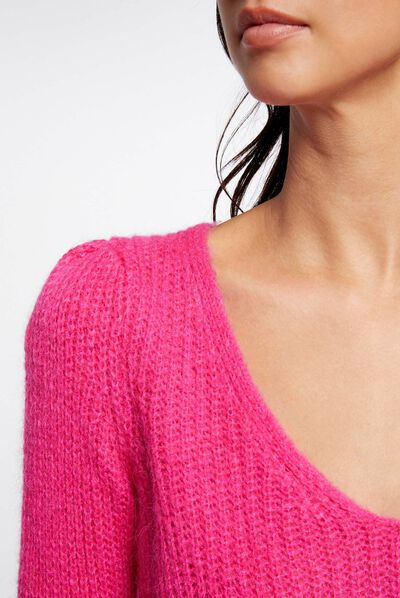 Jersey manga larga con escote en V rosa medio mujer