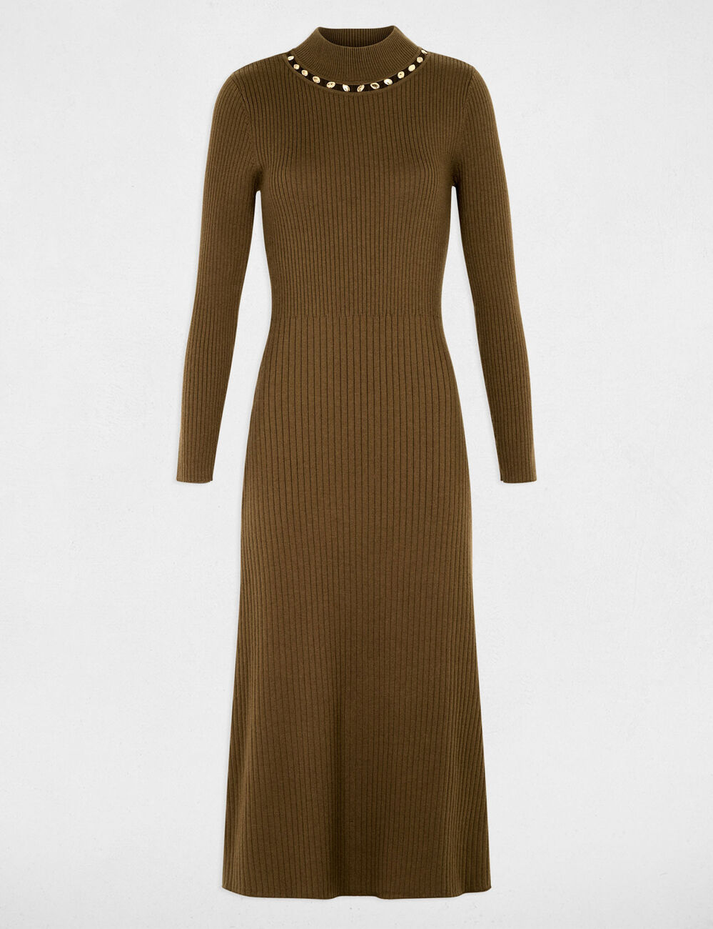 Vestido de punto con cuello alto verde caqui mujer
