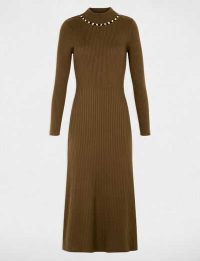 Vestido de punto con cuello alto verde caqui mujer