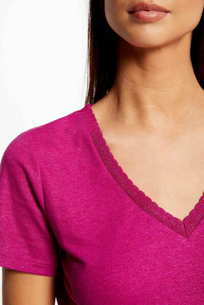Camiseta manga corta con escote en V frambuesa mujer