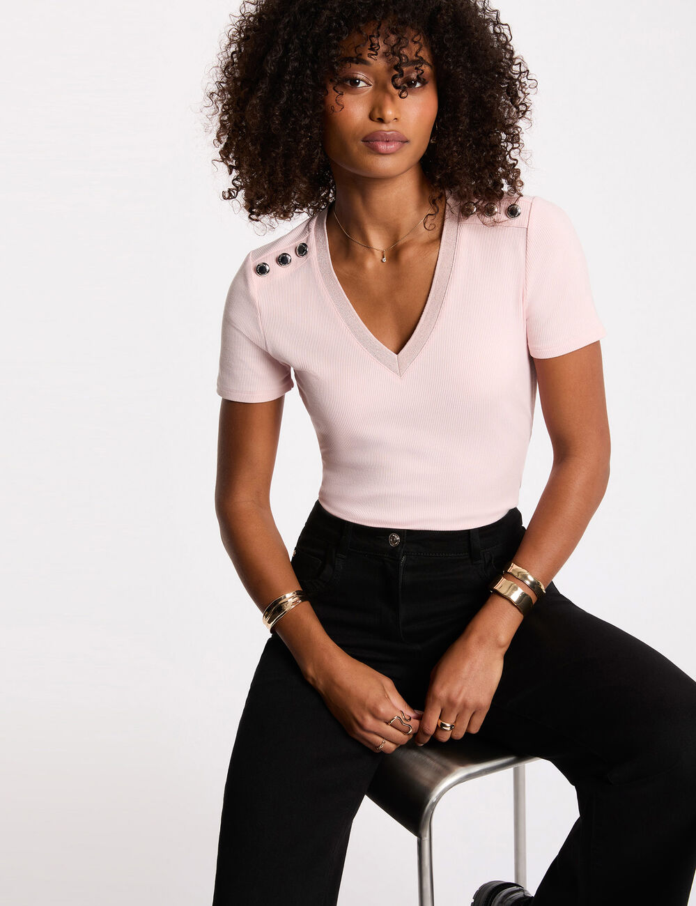 Camiseta manga corta rosa claro mujer