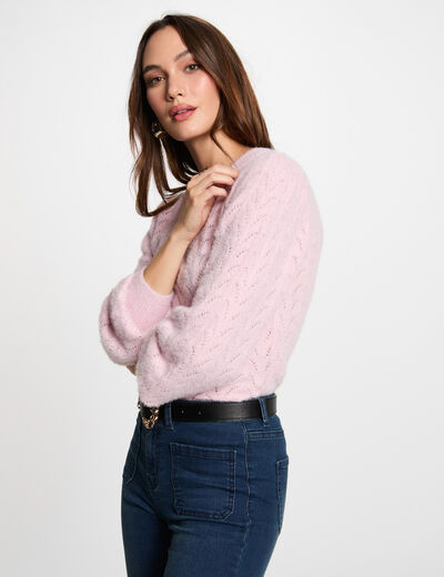 Jersey calado cuello redondo rosa pastel mujer