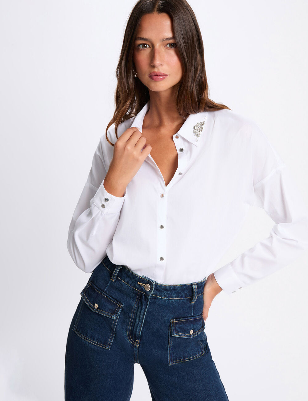 Camisa oversize con strass blanco mujer