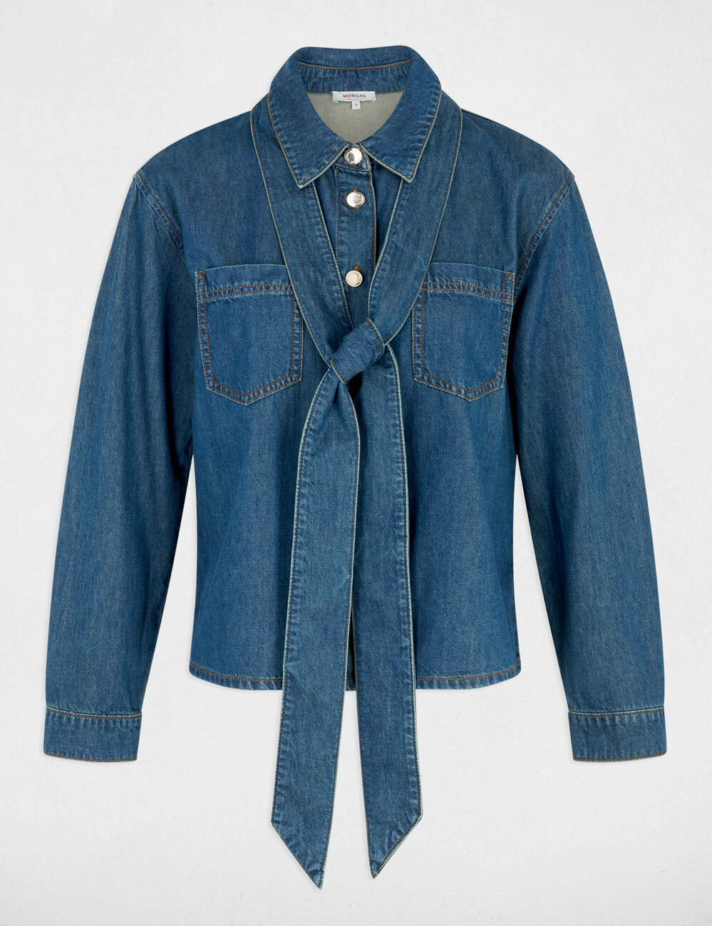 Camisa vaquera con lazada denim stone mujer