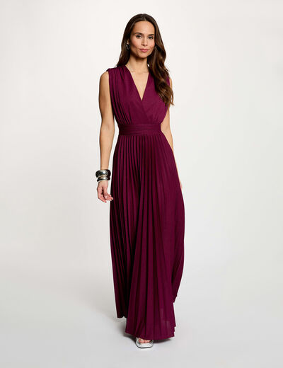 Vestido largo recto plisado ciruela mujer