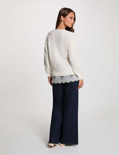 Jersey de cuello en V y mangas largas marfil mujer