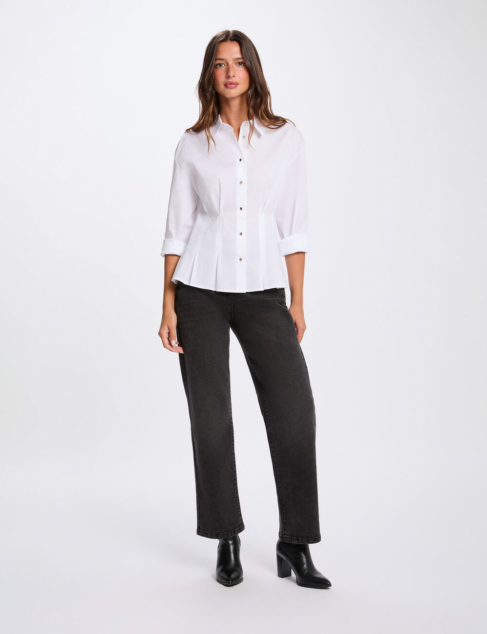 Camisa entallada con cuello de solapa blanco mujer